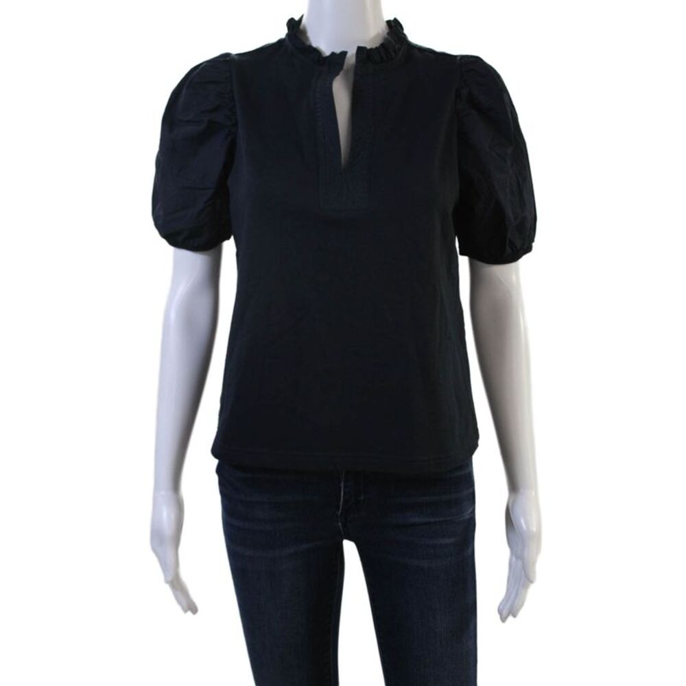 Sundays Womens Black High Neck Short Sleeve Blouse Cotton Blend Size XS